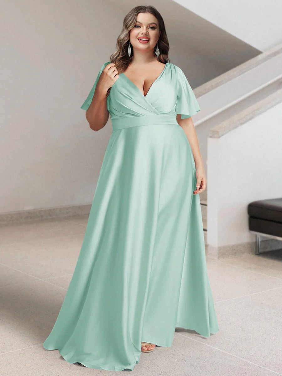 A-Line/Princess V-Neck Short Sleeves Silk Satin Plus Size Bridesmaid Dresses with Pockets - Image 41