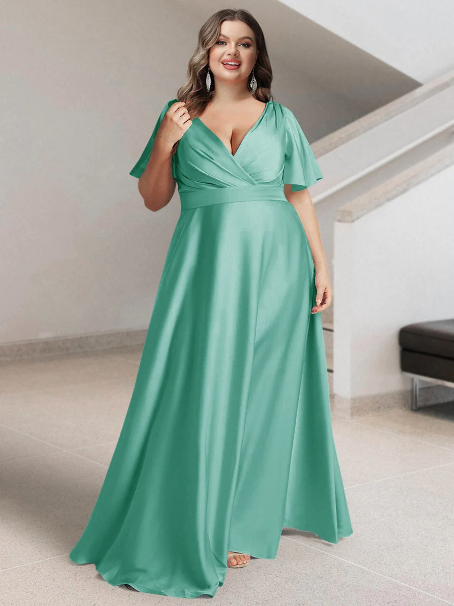 A-Line/Princess V-Neck Short Sleeves Silk Satin Plus Size Bridesmaid Dresses with Pockets - Image 42