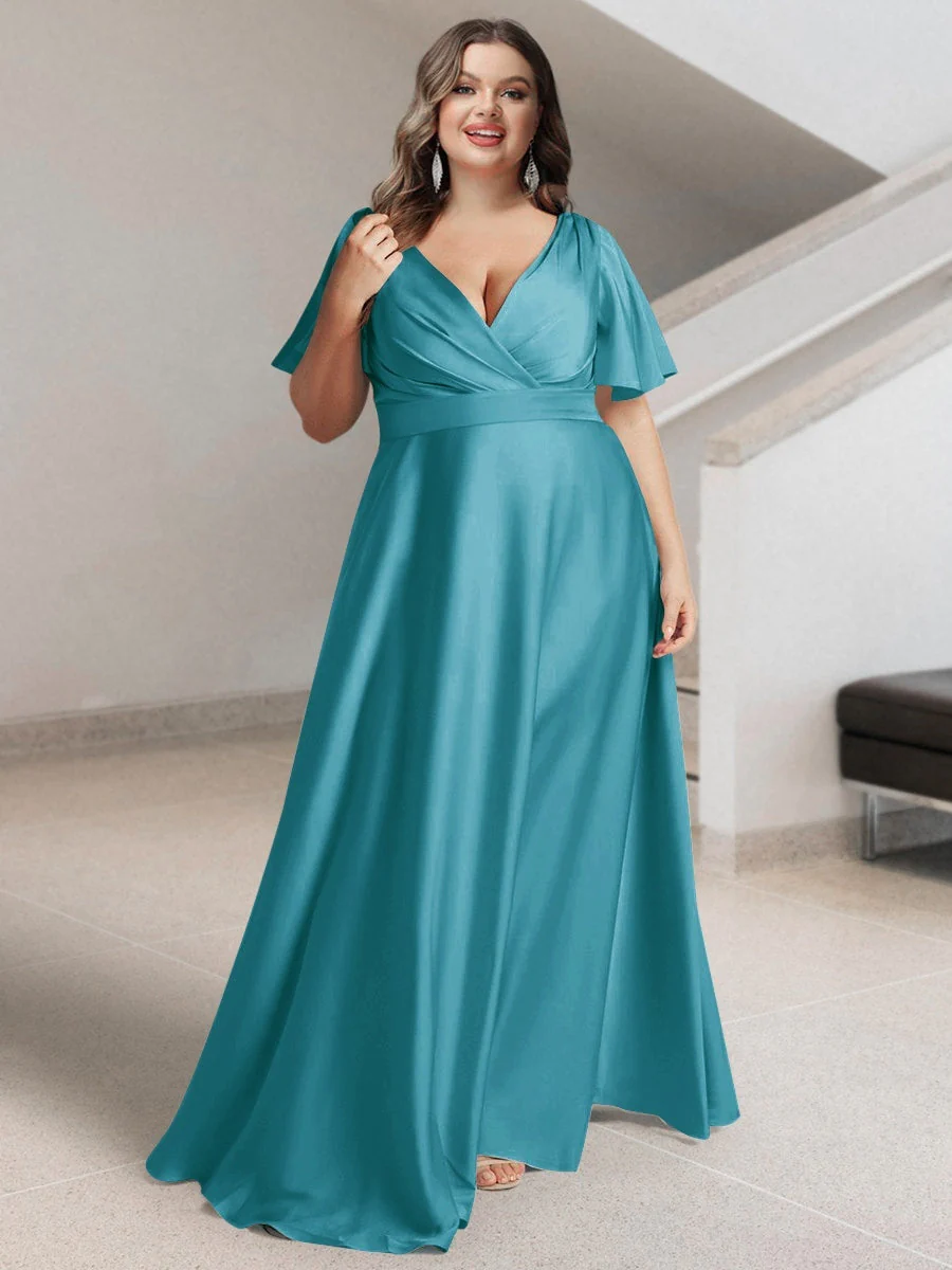 A-Line/Princess V-Neck Short Sleeves Silk Satin Plus Size Bridesmaid Dresses with Pockets - Image 43