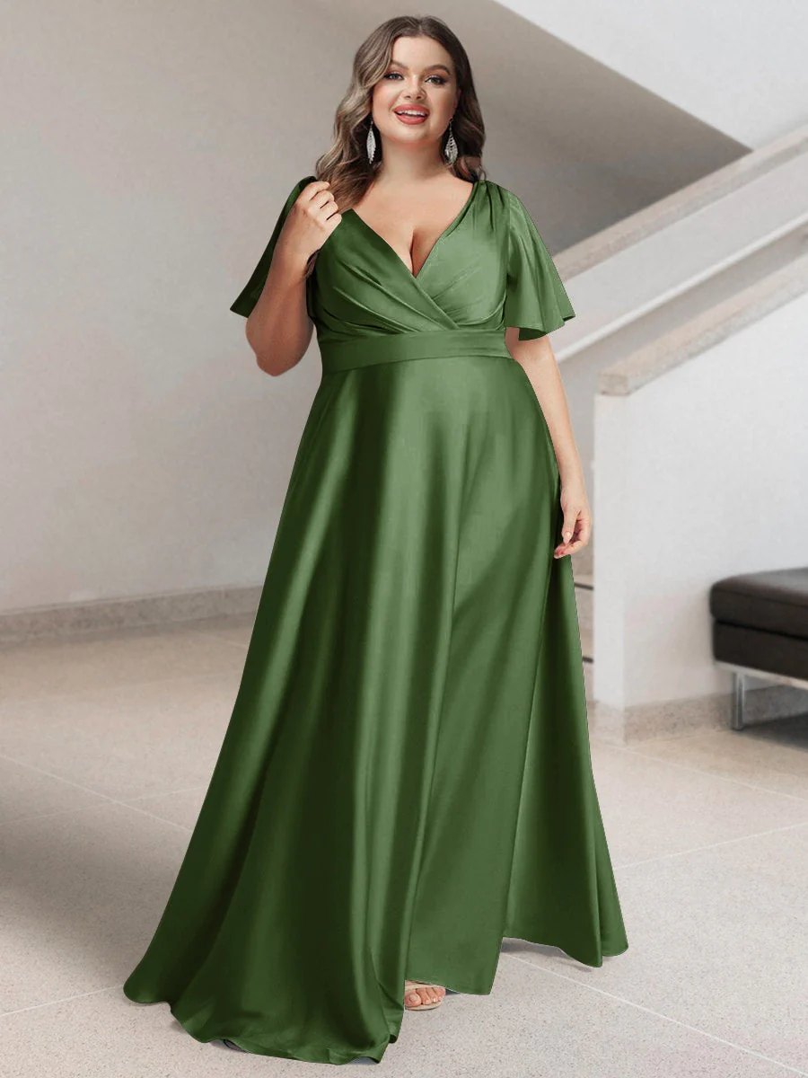 A-Line/Princess V-Neck Short Sleeves Silk Satin Plus Size Bridesmaid Dresses with Pockets - Image 44