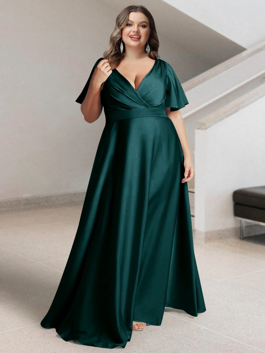 A-Line/Princess V-Neck Short Sleeves Silk Satin Plus Size Bridesmaid Dresses with Pockets - Image 45