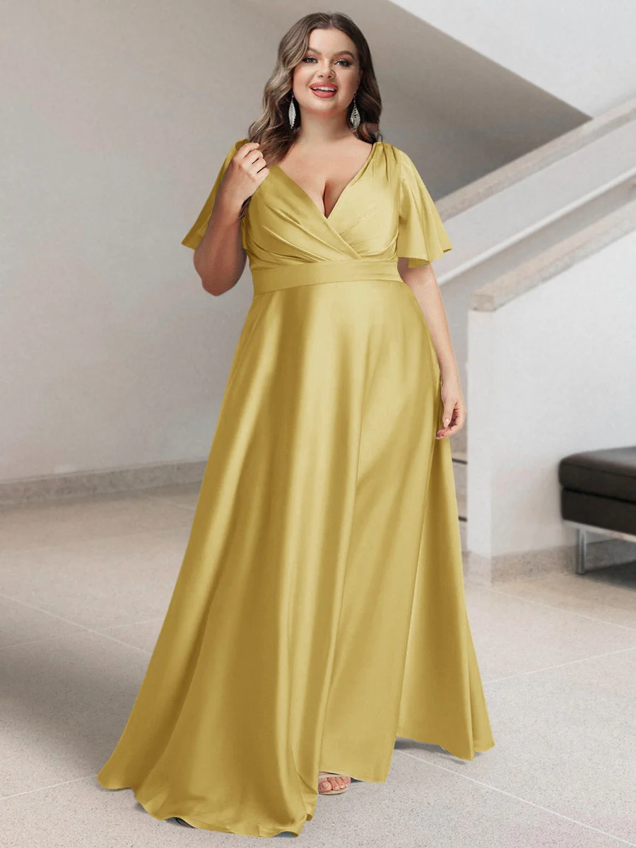 A-Line/Princess V-Neck Short Sleeves Silk Satin Plus Size Bridesmaid Dresses with Pockets - Image 48