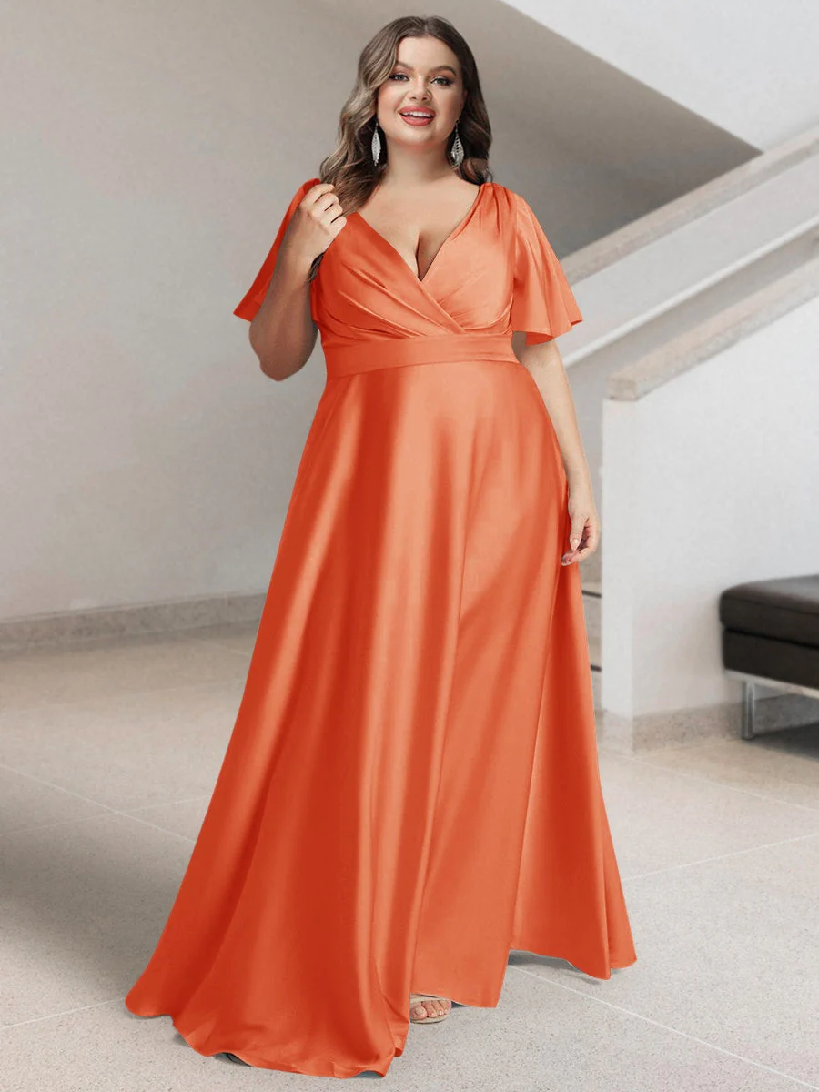 A-Line/Princess V-Neck Short Sleeves Silk Satin Plus Size Bridesmaid Dresses with Pockets - Image 49