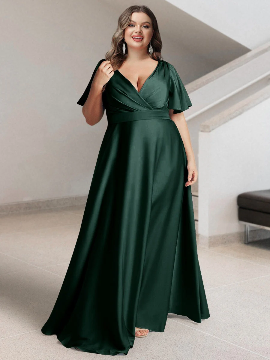 A-Line/Princess V-Neck Short Sleeves Silk Satin Plus Size Bridesmaid Dresses with Pockets - Image 5