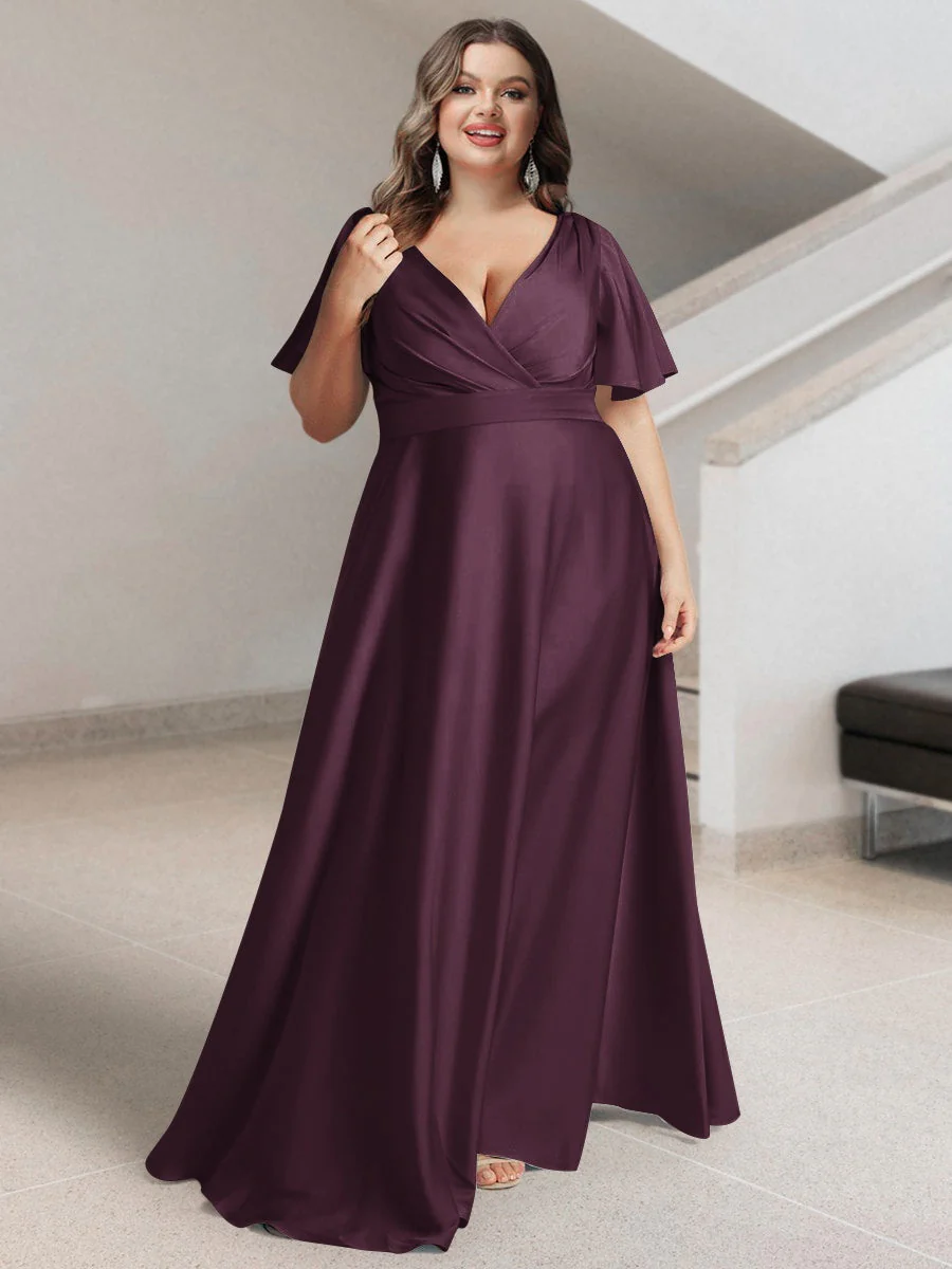 A-Line/Princess V-Neck Short Sleeves Silk Satin Plus Size Bridesmaid Dresses with Pockets - Image 6