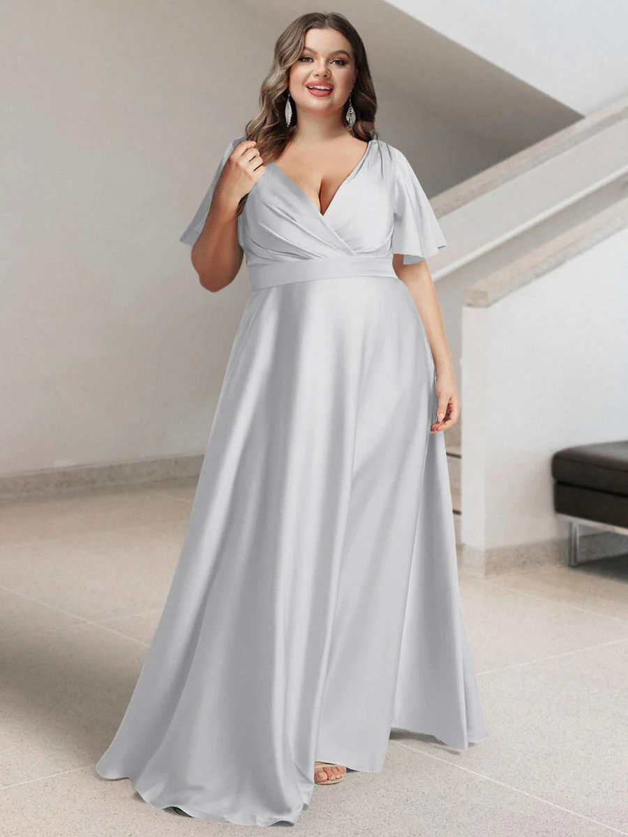 A-Line/Princess V-Neck Short Sleeves Silk Satin Plus Size Bridesmaid Dresses with Pockets - Image 9