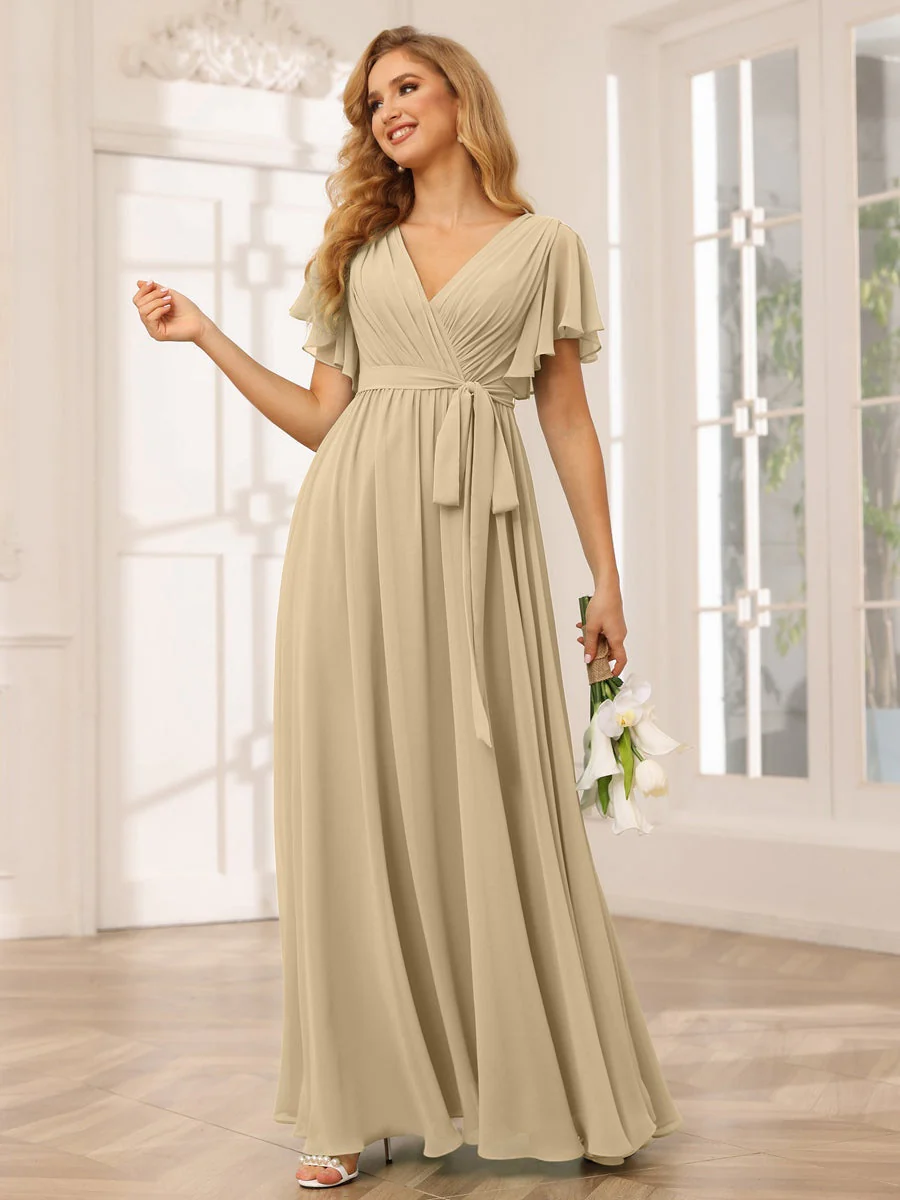 A-Line/Princess V-Neck Short Sleeves Floor-Length Bridesmaid Dresses with Sash - Image 26