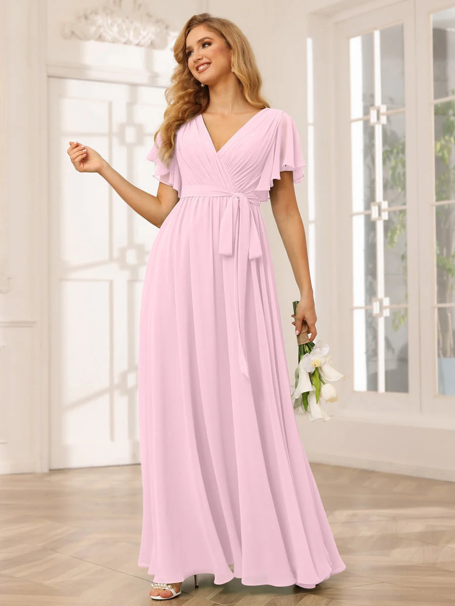 A-Line/Princess V-Neck Short Sleeves Floor-Length Bridesmaid Dresses with Sash - Image 27
