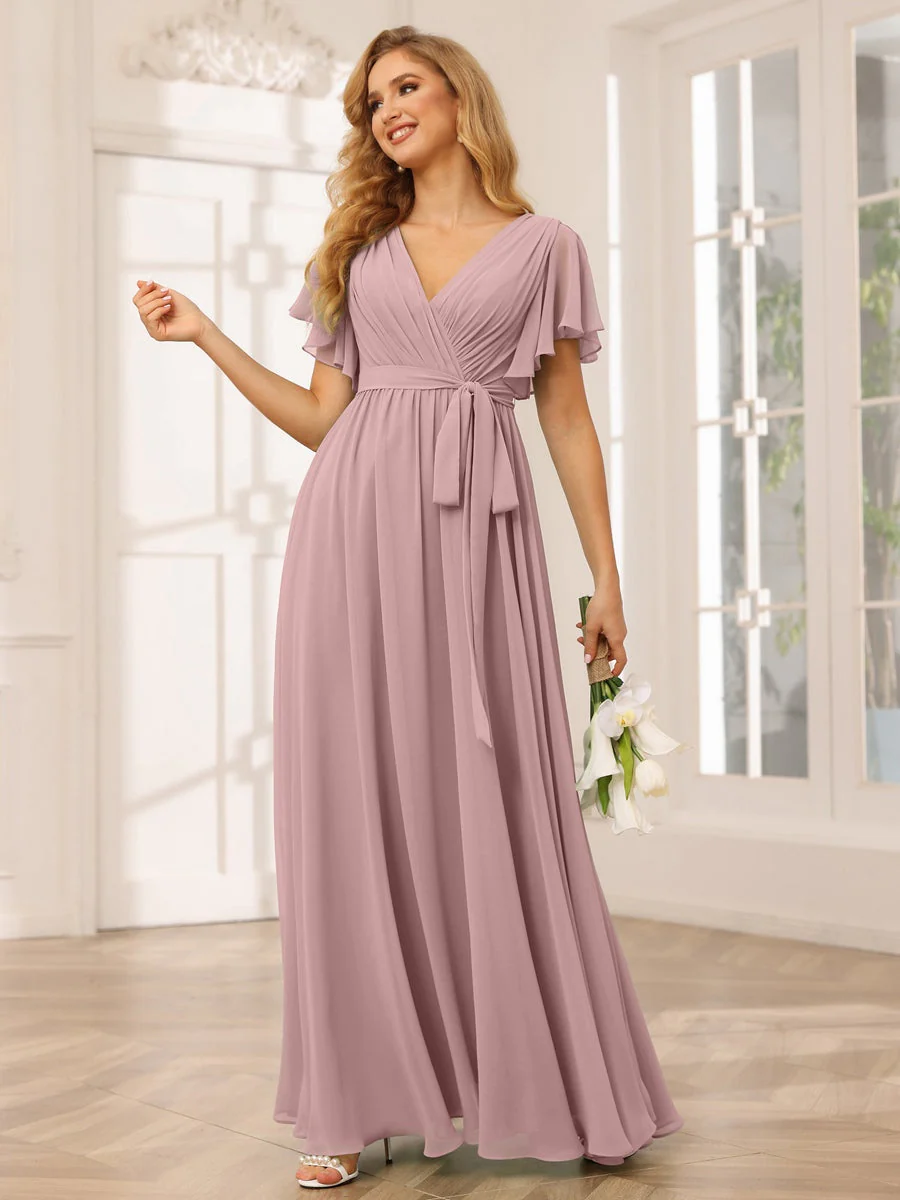 A-Line/Princess V-Neck Short Sleeves Floor-Length Bridesmaid Dresses with Sash - Image 32