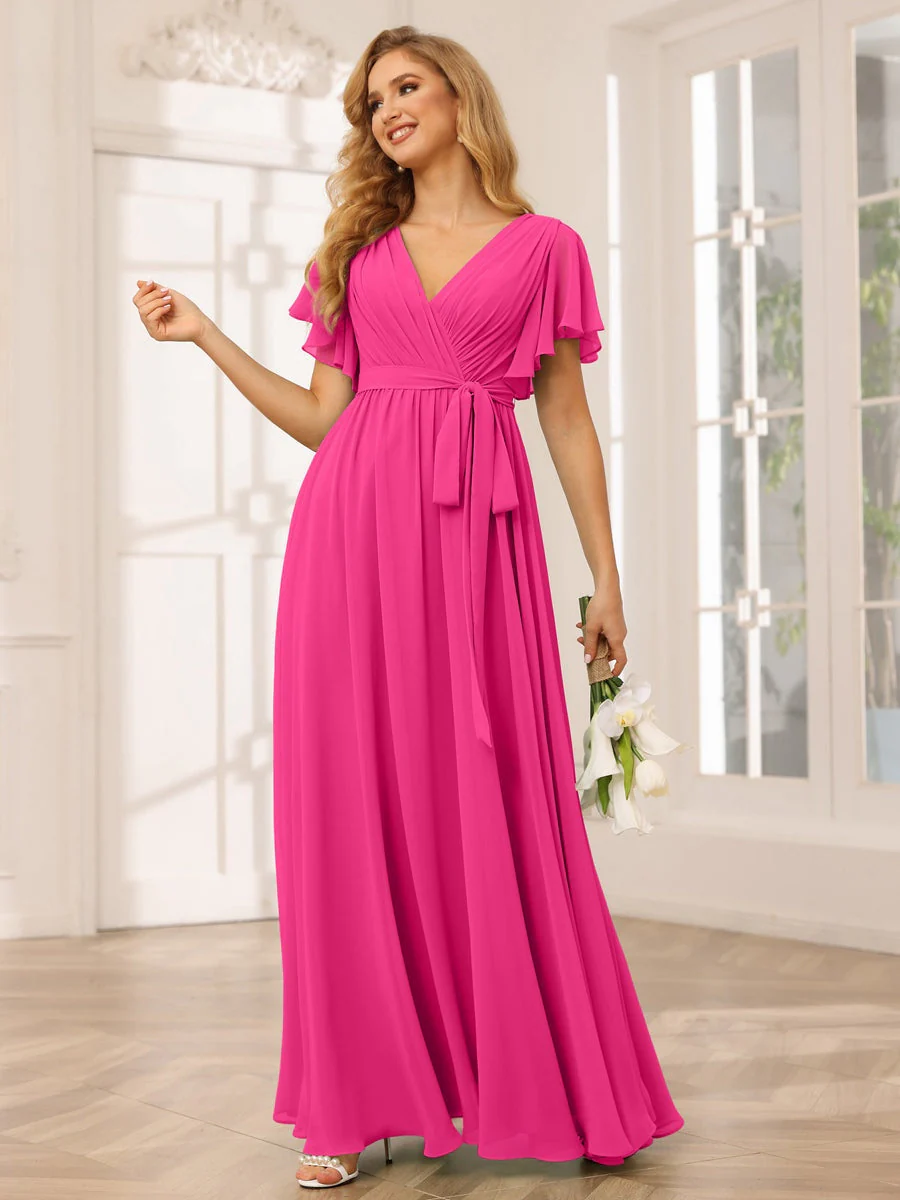 A-Line/Princess V-Neck Short Sleeves Floor-Length Bridesmaid Dresses with Sash - Image 35