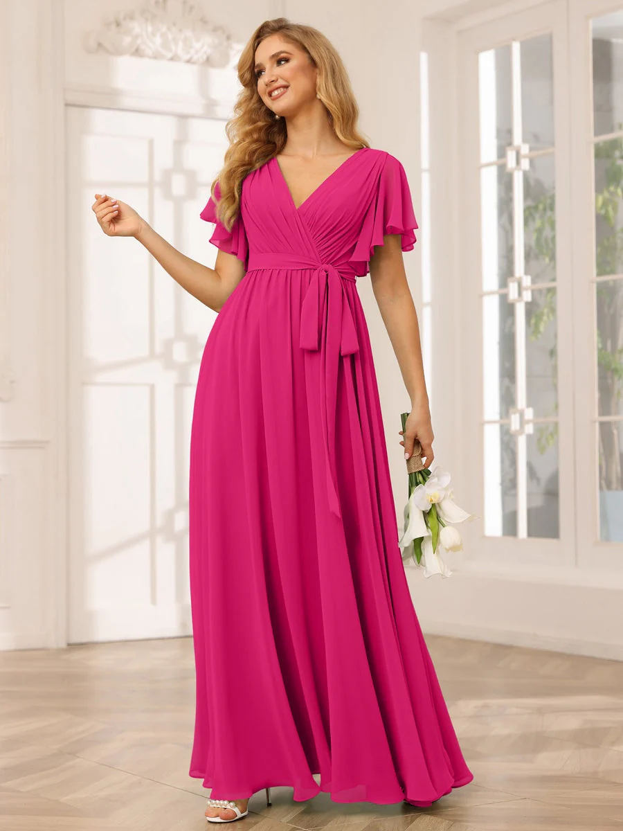 A-Line/Princess V-Neck Short Sleeves Floor-Length Bridesmaid Dresses with Sash - Image 36