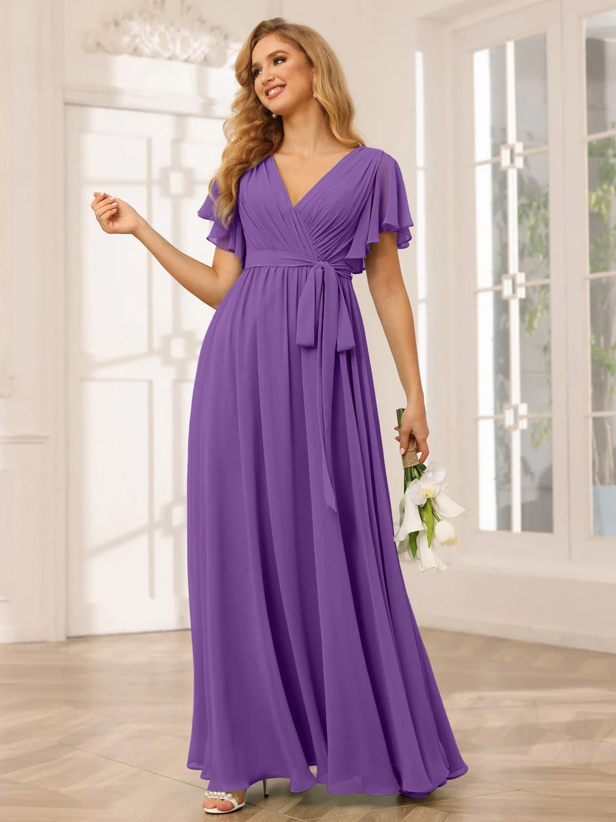 A-Line/Princess V-Neck Short Sleeves Floor-Length Bridesmaid Dresses with Sash - Image 44