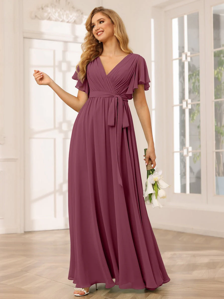 A-Line/Princess V-Neck Short Sleeves Floor-Length Bridesmaid Dresses with Sash - Image 45