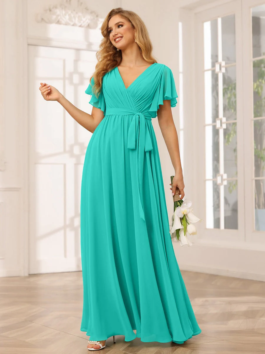 A-Line/Princess V-Neck Short Sleeves Floor-Length Bridesmaid Dresses with Sash - Image 65