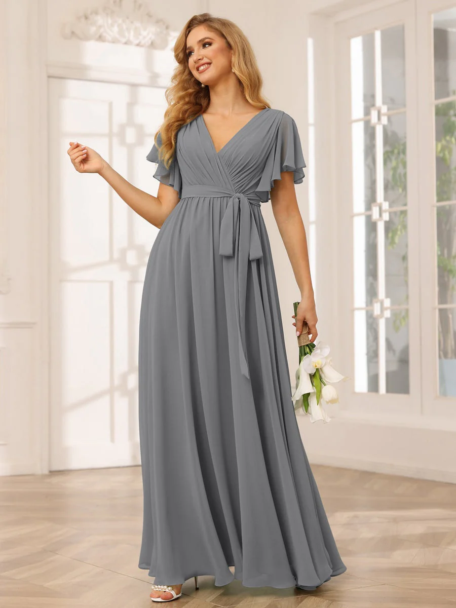 A-Line/Princess V-Neck Short Sleeves Floor-Length Bridesmaid Dresses with Sash - Image 77