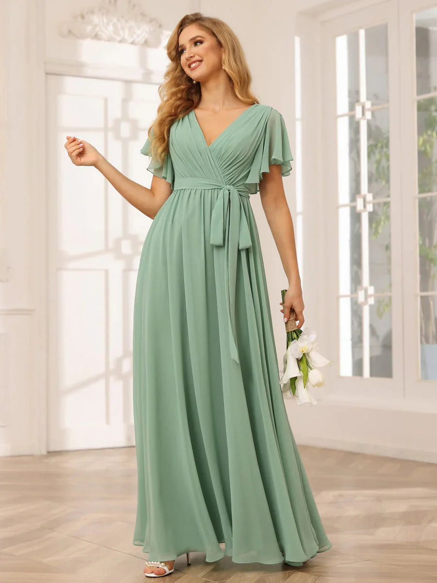 A-Line/Princess V-Neck Short Sleeves Floor-Length Bridesmaid Dresses with Sash - Image 8
