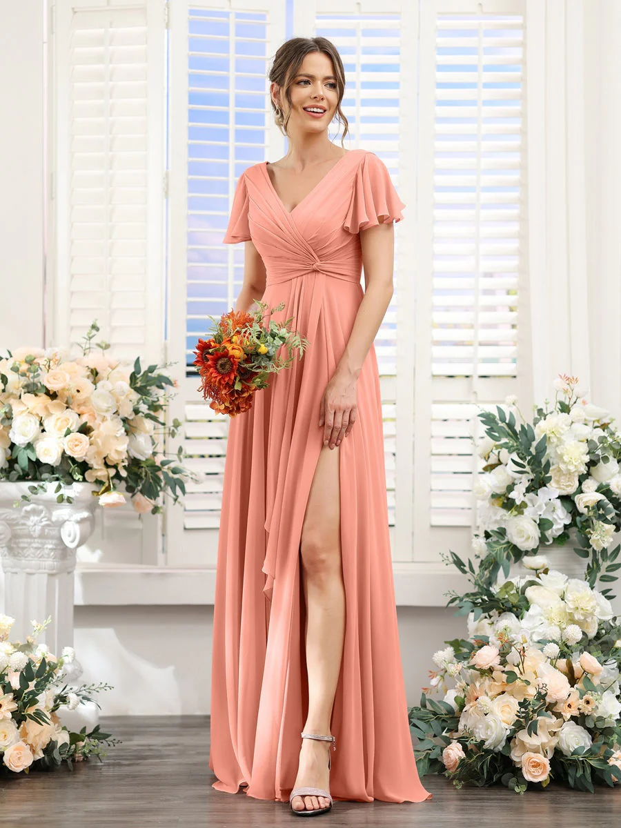 A-Line/Princess V-Neck Short Sleeves Floor-Length Bridesmaid Dresses with Split Side - Image 16