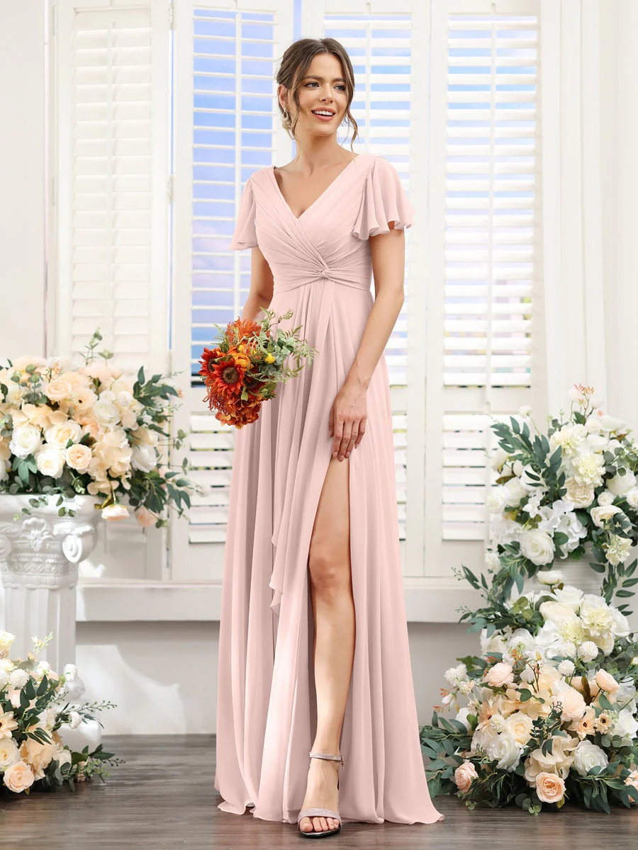 A-Line/Princess V-Neck Short Sleeves Floor-Length Bridesmaid Dresses with Split Side - Image 27