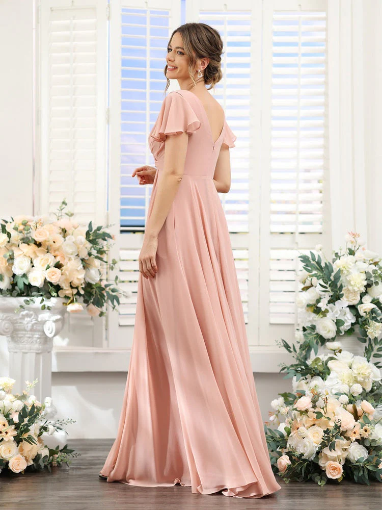 A-Line/Princess V-Neck Short Sleeves Floor-Length Bridesmaid Dresses with Split Side - Image 3