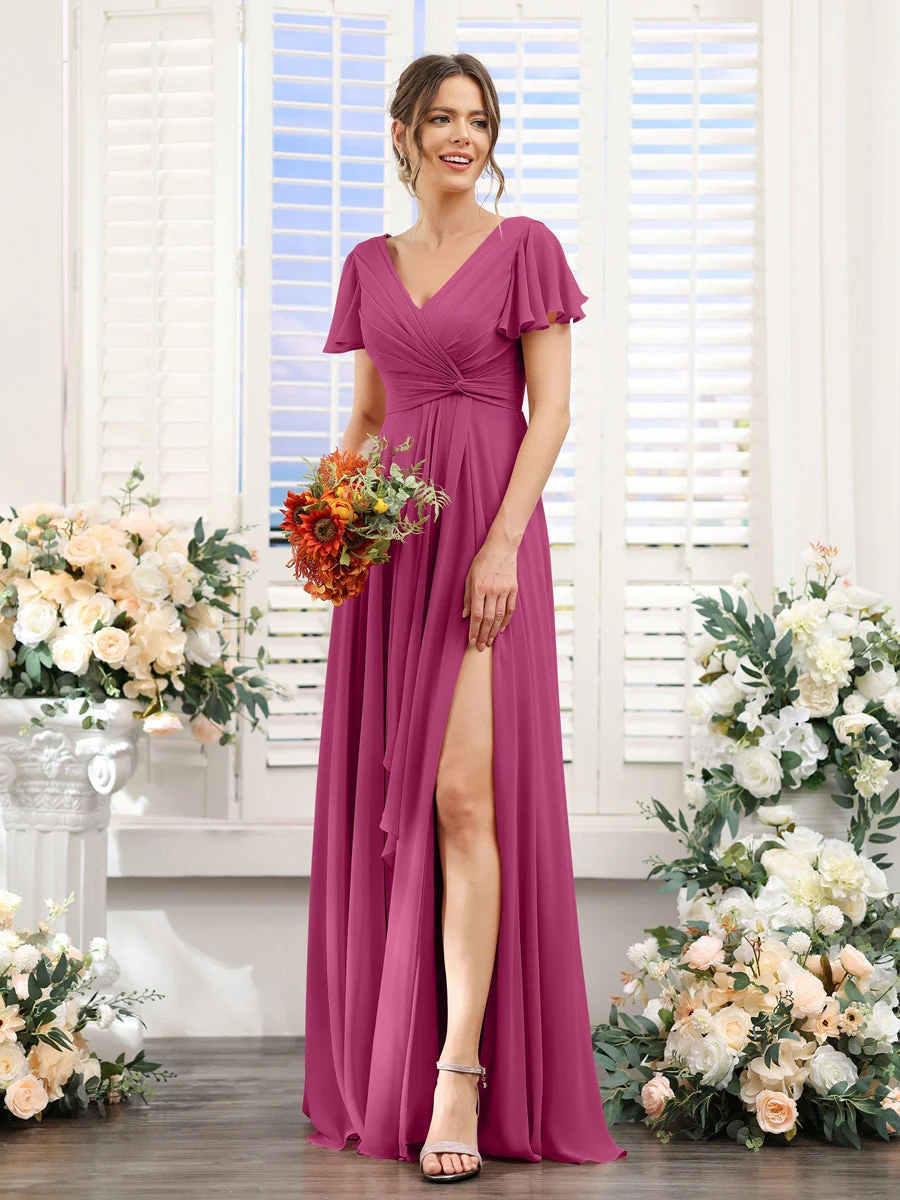A-Line/Princess V-Neck Short Sleeves Floor-Length Bridesmaid Dresses with Split Side - Image 36