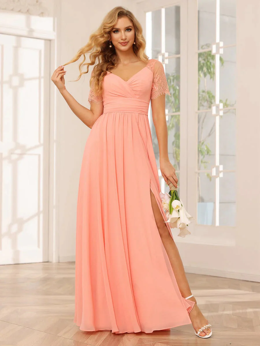 A-Line/Princess V-Neck Short Sleeves Floor-length Bridesmaid Dresses with Split Side - Image 3