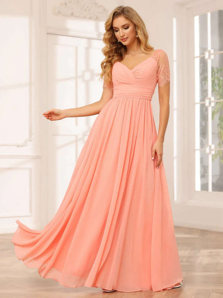 A-Line/Princess V-Neck Short Sleeves Floor-length Bridesmaid Dresses with Split Side - Image 5
