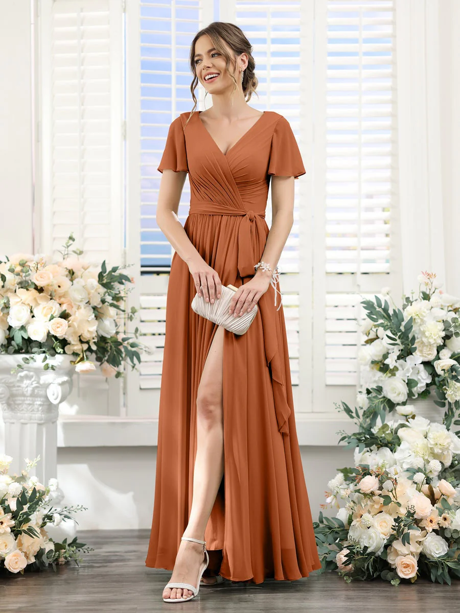 A-Line/Princess V-Neck Short Sleeves Floor-Length Chiffon Bridesmaid Dresses with Split Side & Ruched - Image 10