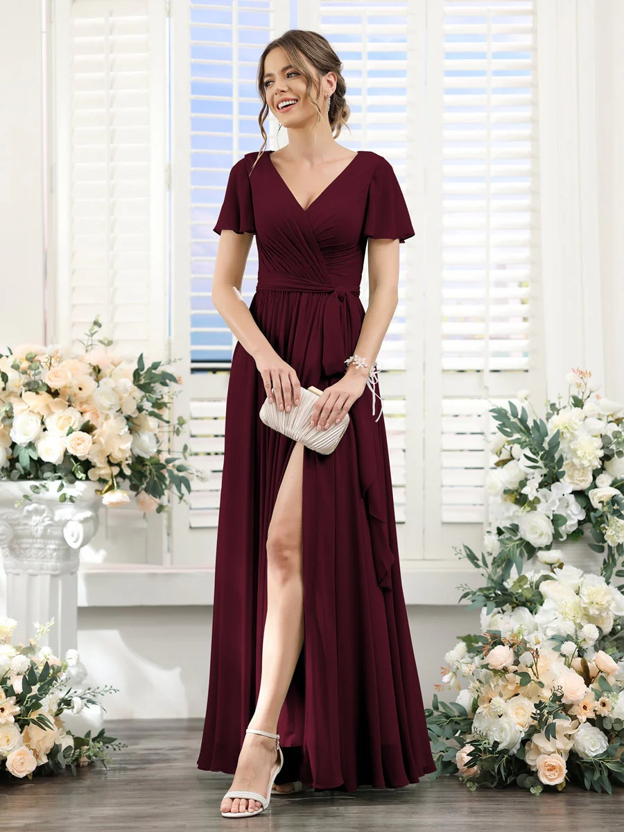A-Line/Princess V-Neck Short Sleeves Floor-Length Chiffon Bridesmaid Dresses with Split Side & Ruched - Image 12