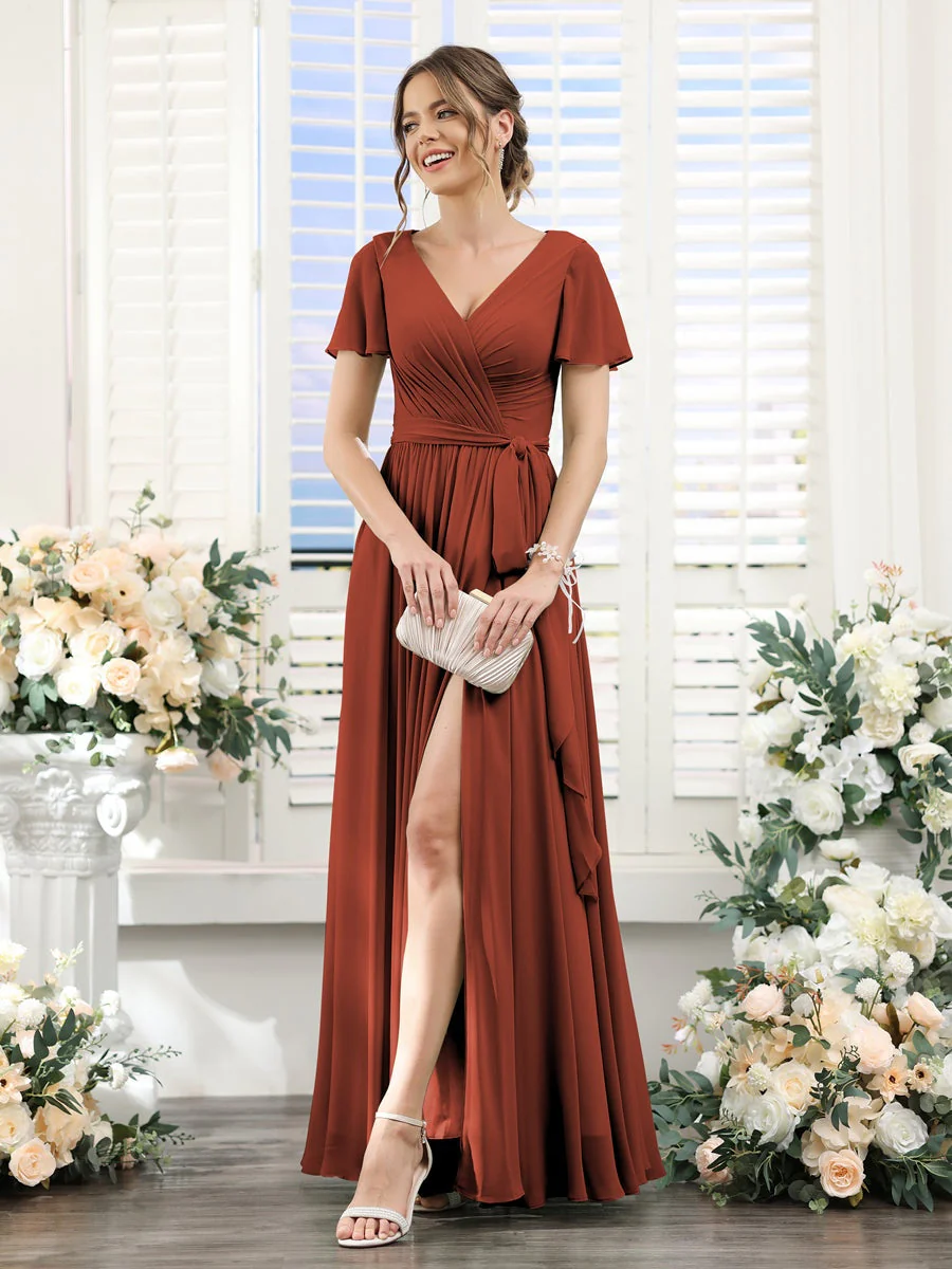 A-Line/Princess V-Neck Short Sleeves Floor-Length Chiffon Bridesmaid Dresses with Split Side & Ruched - Image 13