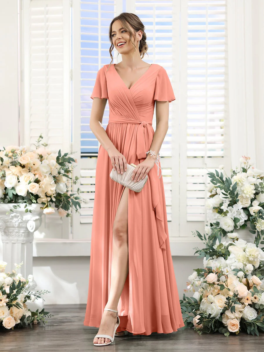 A-Line/Princess V-Neck Short Sleeves Floor-Length Chiffon Bridesmaid Dresses with Split Side & Ruched - Image 15