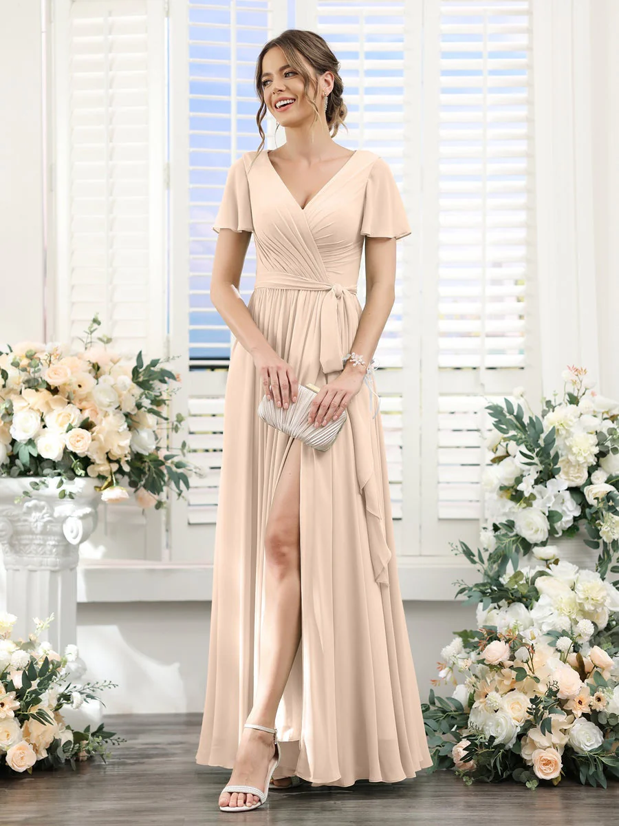 A-Line/Princess V-Neck Short Sleeves Floor-Length Chiffon Bridesmaid Dresses with Split Side & Ruched - Image 23
