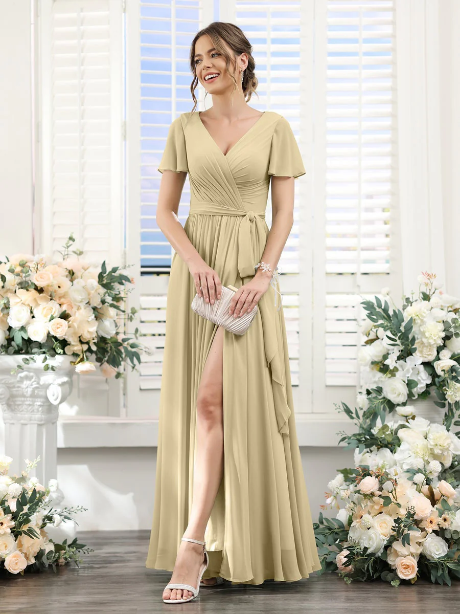 A-Line/Princess V-Neck Short Sleeves Floor-Length Chiffon Bridesmaid Dresses with Split Side & Ruched - Image 24