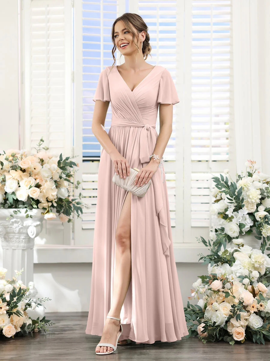 A-Line/Princess V-Neck Short Sleeves Floor-Length Chiffon Bridesmaid Dresses with Split Side & Ruched - Image 26