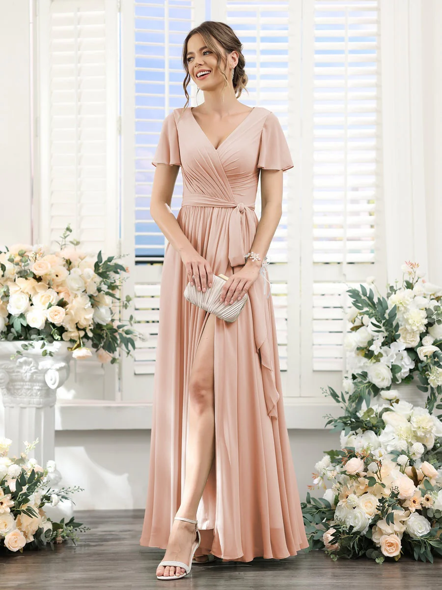 A-Line/Princess V-Neck Short Sleeves Floor-Length Chiffon Bridesmaid Dresses with Split Side & Ruched - Image 28