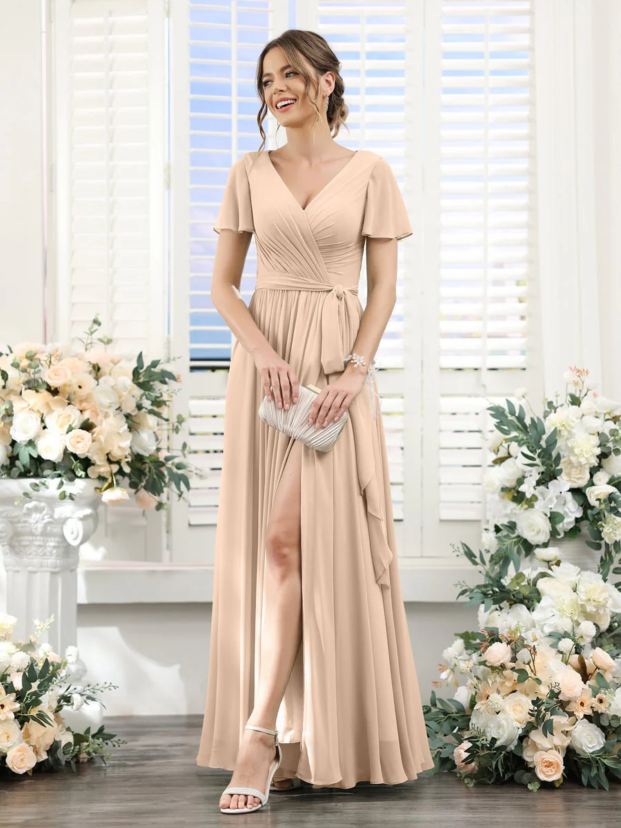 A-Line/Princess V-Neck Short Sleeves Floor-Length Chiffon Bridesmaid Dresses with Split Side & Ruched - Image 29