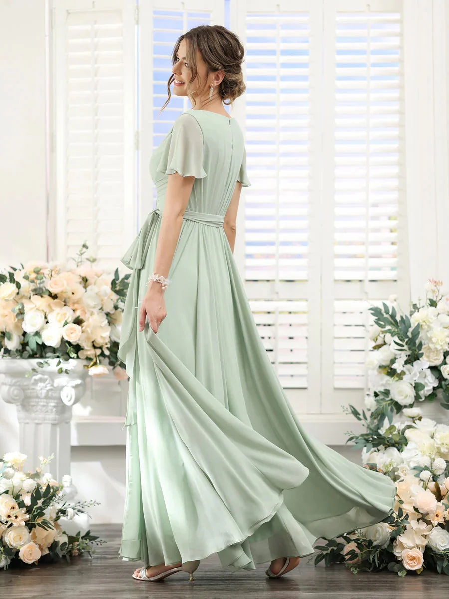 A-Line/Princess V-Neck Short Sleeves Floor-Length Chiffon Bridesmaid Dresses with Split Side & Ruched - Image 3