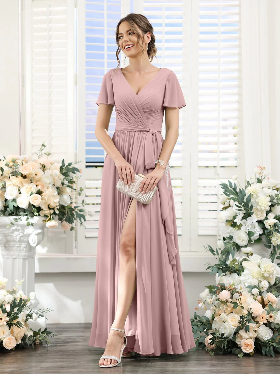 A-Line/Princess V-Neck Short Sleeves Floor-Length Chiffon Bridesmaid Dresses with Split Side & Ruched - Image 30