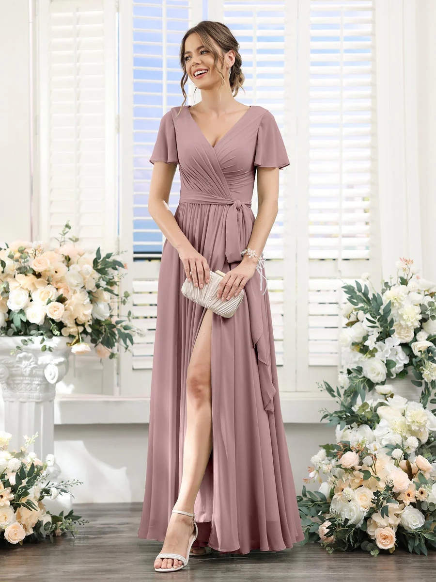 A-Line/Princess V-Neck Short Sleeves Floor-Length Chiffon Bridesmaid Dresses with Split Side & Ruched - Image 31