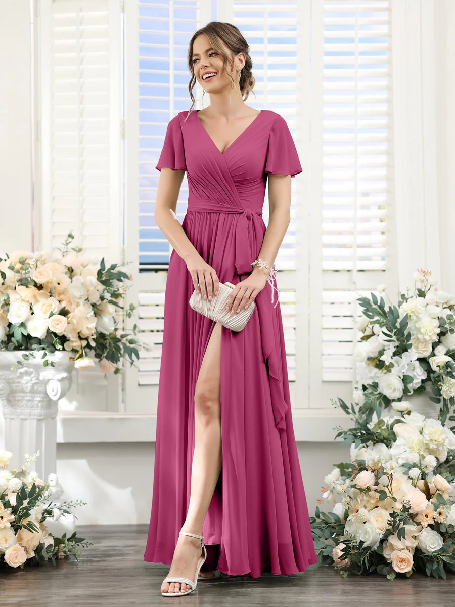 A-Line/Princess V-Neck Short Sleeves Floor-Length Chiffon Bridesmaid Dresses with Split Side & Ruched - Image 35