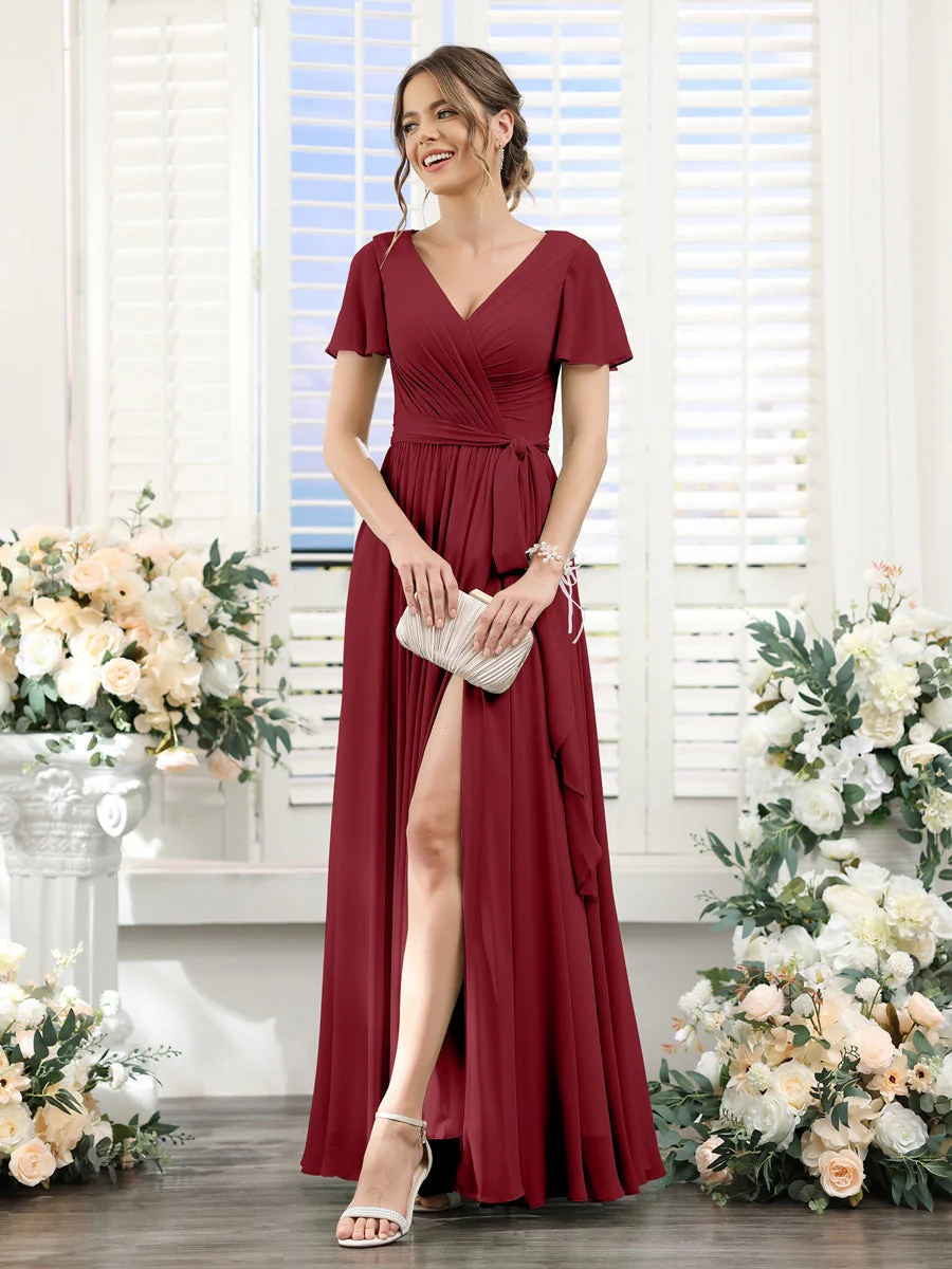 A-Line/Princess V-Neck Short Sleeves Floor-Length Chiffon Bridesmaid Dresses with Split Side & Ruched - Image 37