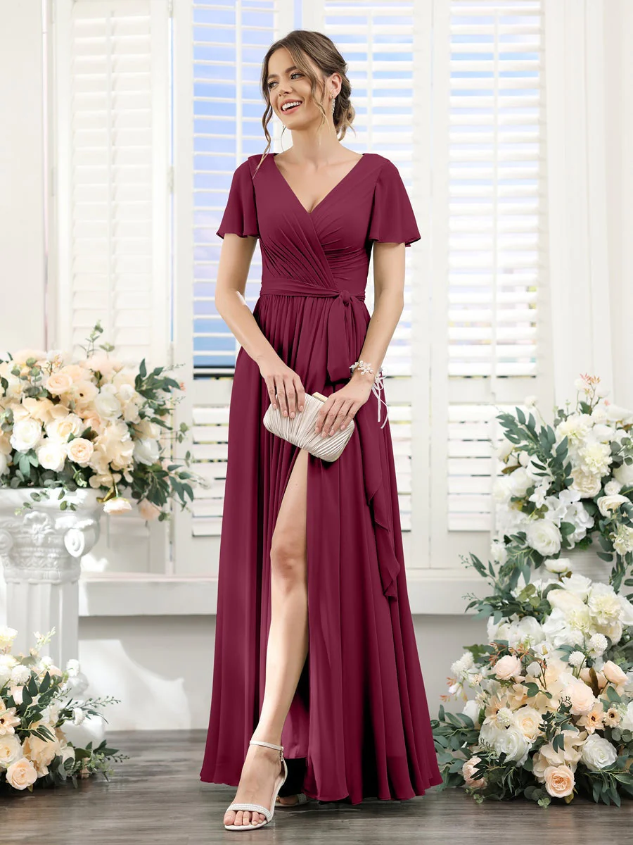 A-Line/Princess V-Neck Short Sleeves Floor-Length Chiffon Bridesmaid Dresses with Split Side & Ruched - Image 38