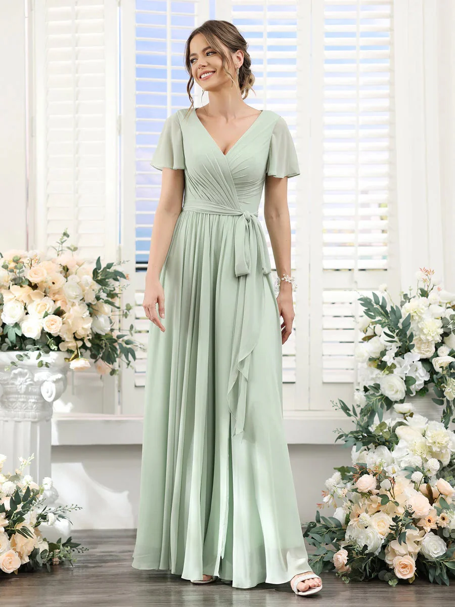 A-Line/Princess V-Neck Short Sleeves Floor-Length Chiffon Bridesmaid Dresses with Split Side & Ruched - Image 4