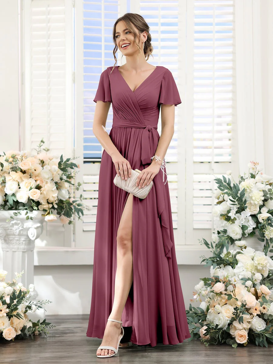 A-Line/Princess V-Neck Short Sleeves Floor-Length Chiffon Bridesmaid Dresses with Split Side & Ruched - Image 43