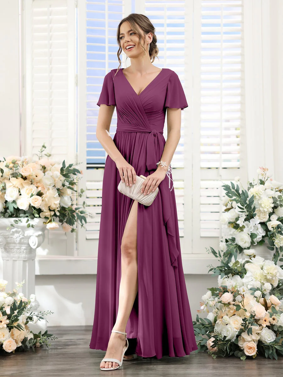 A-Line/Princess V-Neck Short Sleeves Floor-Length Chiffon Bridesmaid Dresses with Split Side & Ruched - Image 44