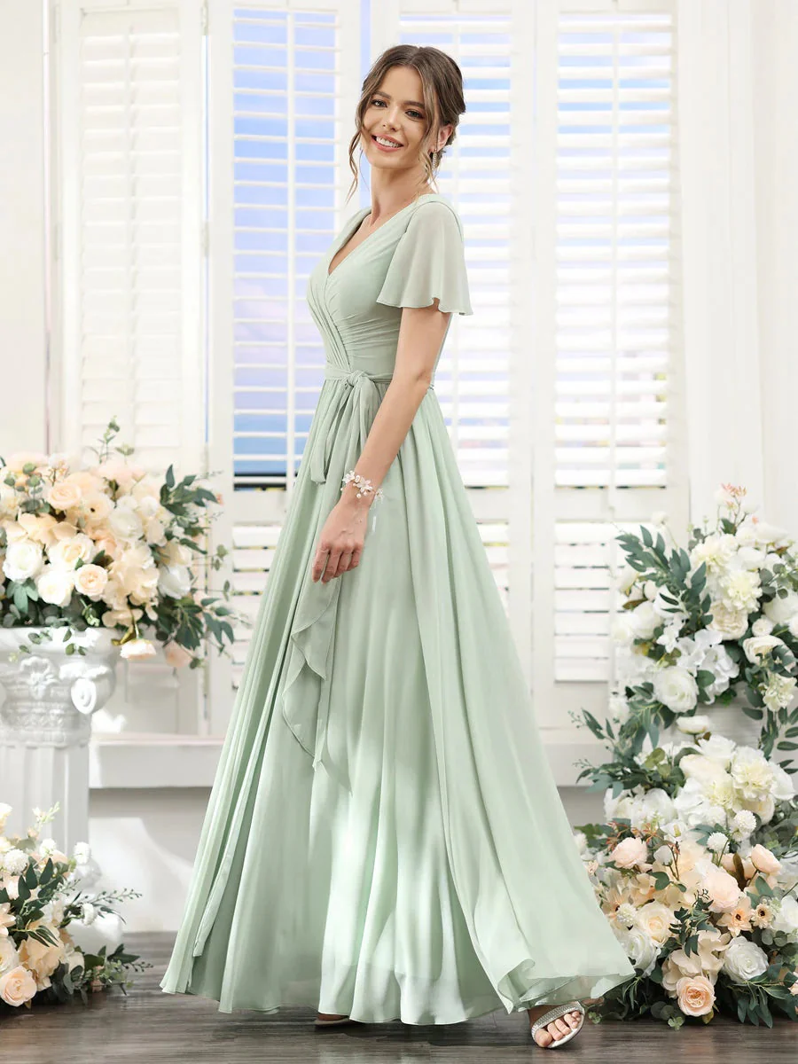 A-Line/Princess V-Neck Short Sleeves Floor-Length Chiffon Bridesmaid Dresses with Split Side & Ruched - Image 5