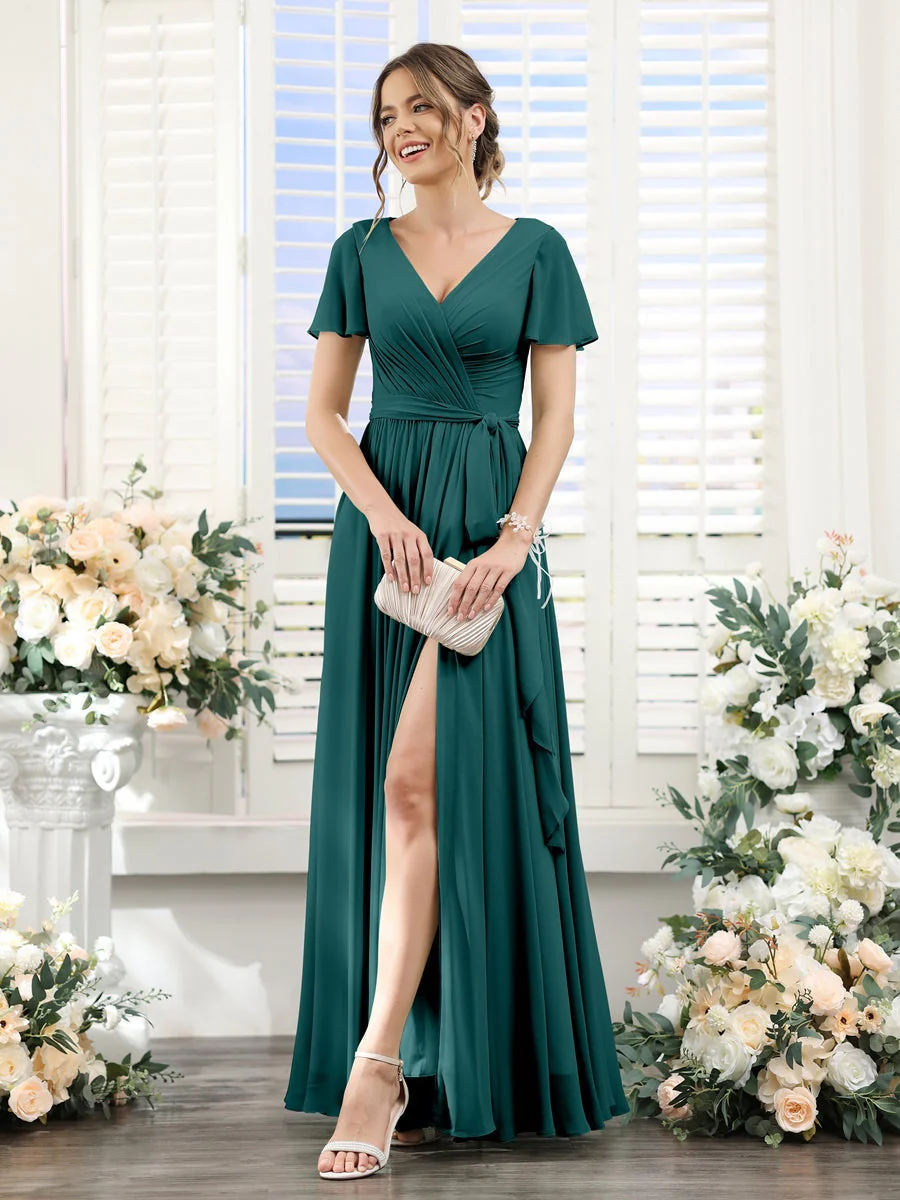 A-Line/Princess V-Neck Short Sleeves Floor-Length Chiffon Bridesmaid Dresses with Split Side & Ruched - Image 65