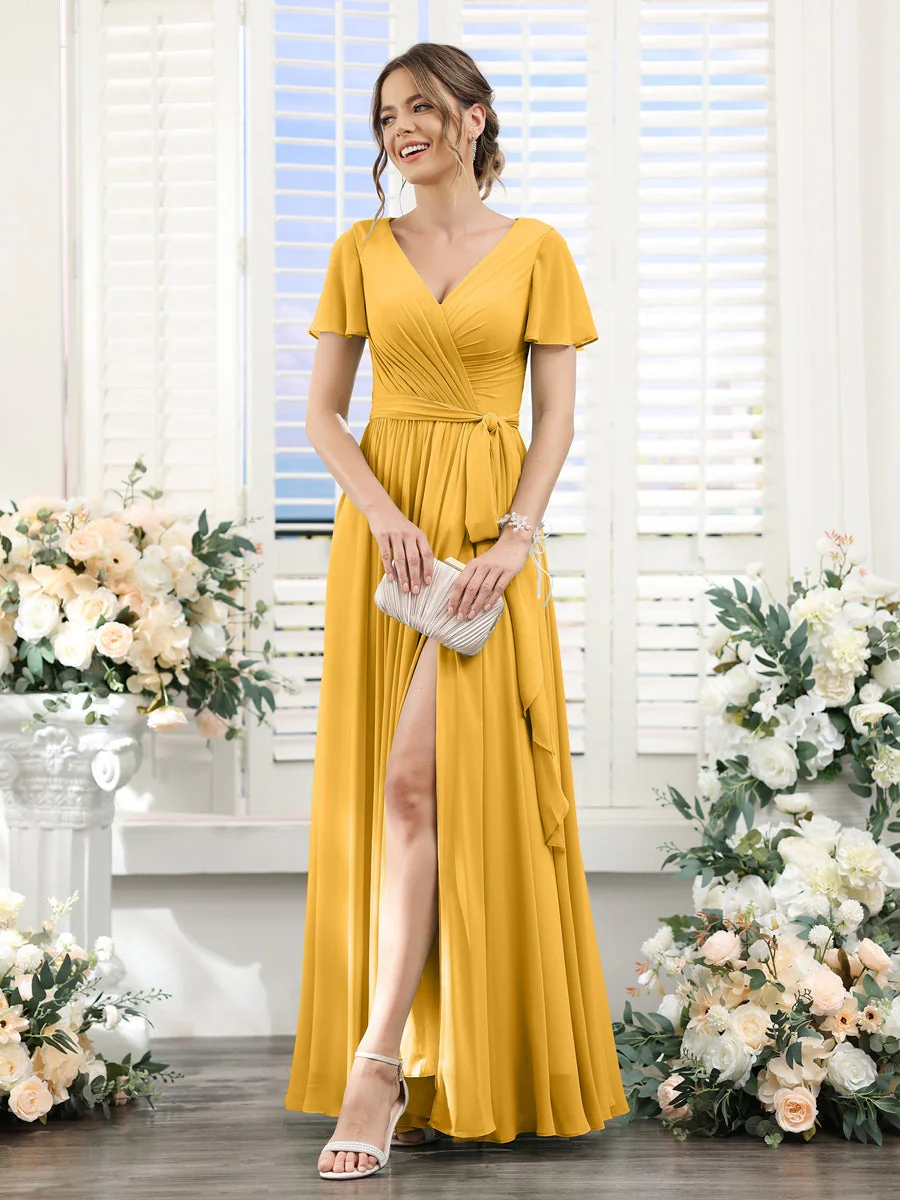 A-Line/Princess V-Neck Short Sleeves Floor-Length Chiffon Bridesmaid Dresses with Split Side & Ruched - Image 69