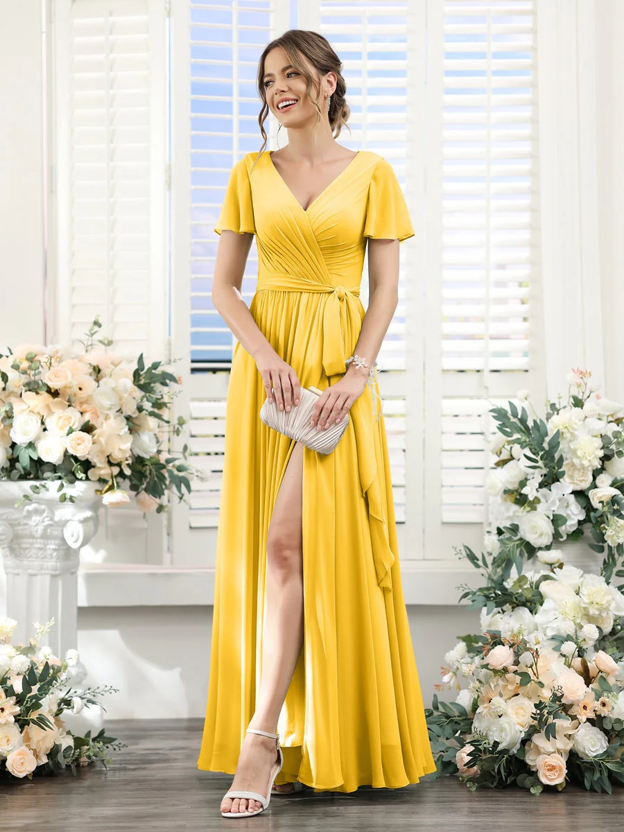 A-Line/Princess V-Neck Short Sleeves Floor-Length Chiffon Bridesmaid Dresses with Split Side & Ruched - Image 70