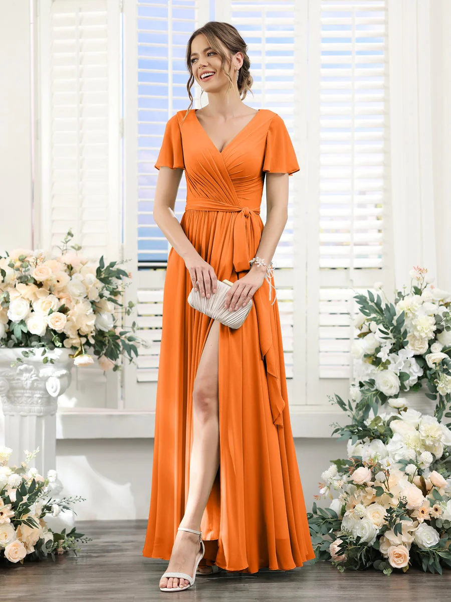 A-Line/Princess V-Neck Short Sleeves Floor-Length Chiffon Bridesmaid Dresses with Split Side & Ruched - Image 71