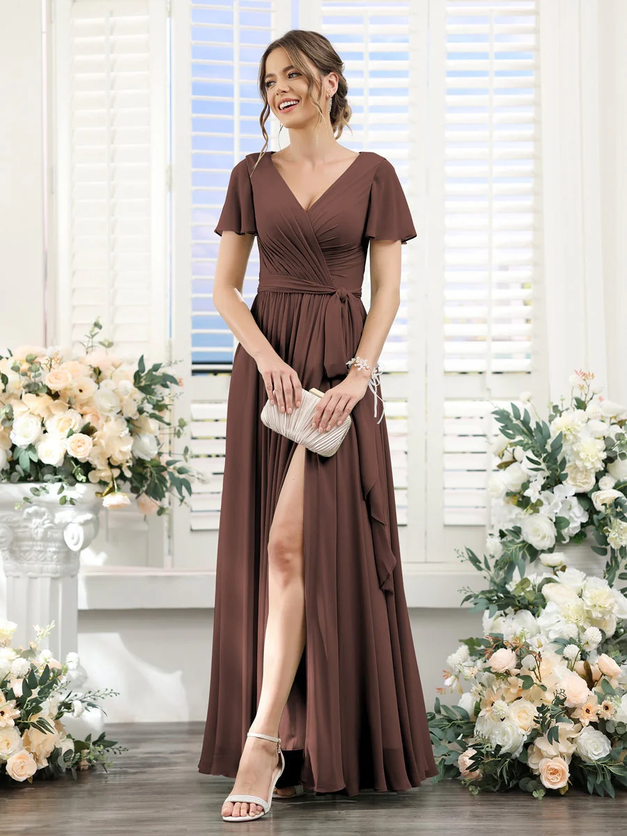 A-Line/Princess V-Neck Short Sleeves Floor-Length Chiffon Bridesmaid Dresses with Split Side & Ruched - Image 75